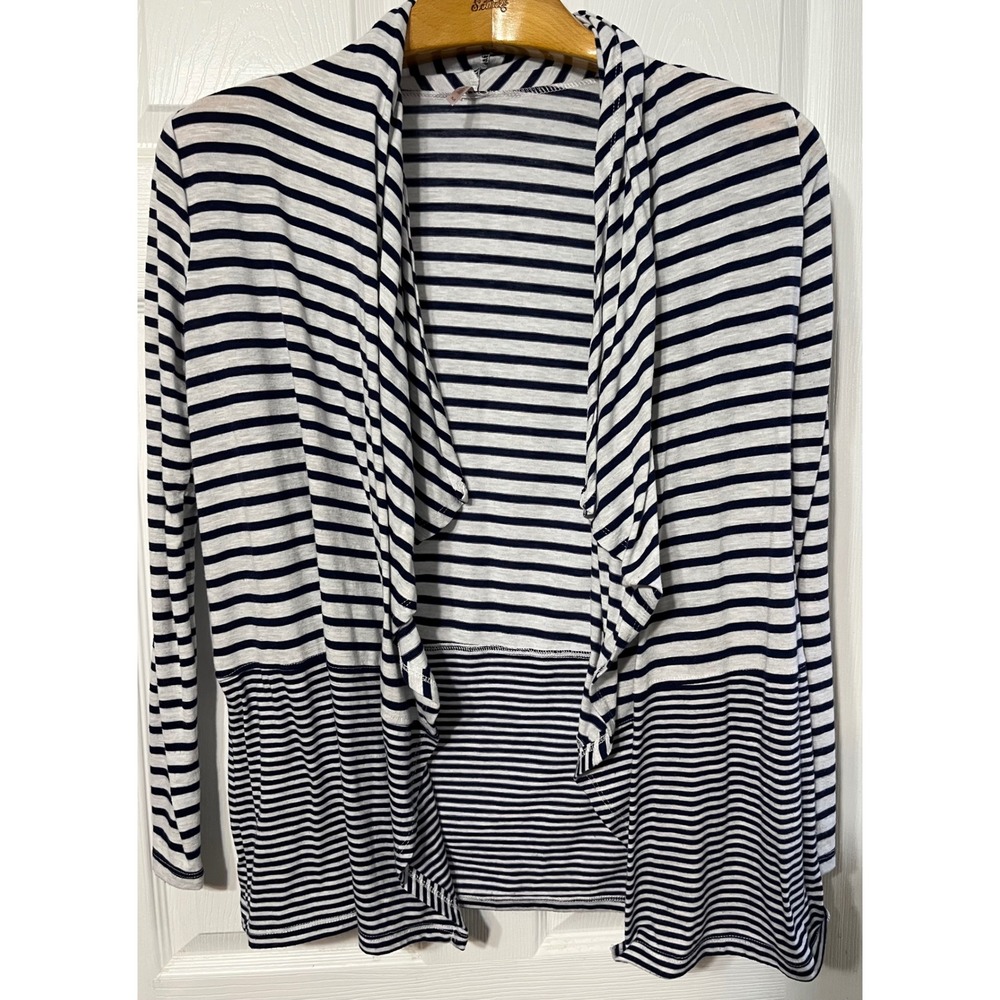 Poof! Women's Navy‎ White Striped Open Front Cardigan Sweater Medium